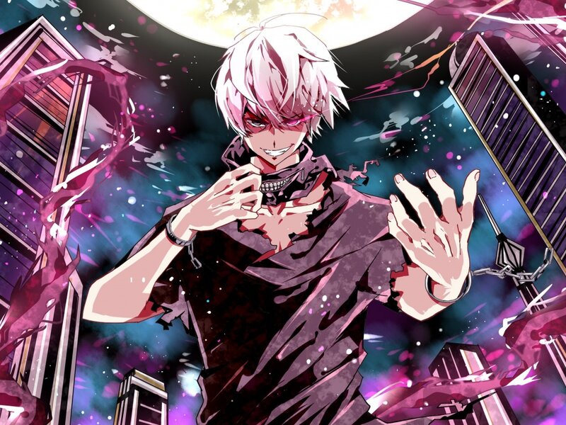 Anime Character with White Hair — Purple, Dramatic, Night, Manga, Cityscape