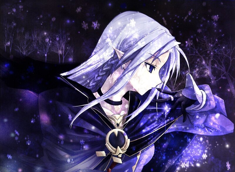 Anime Character with White Hair — Purple, Dramatic, Night, Snowflakes