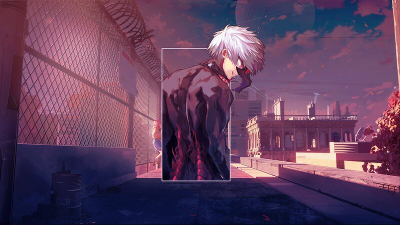 Anime Character with White Hair — Purple, Dramatic, Sunset
