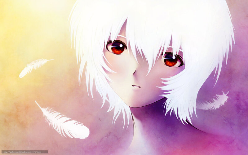 Anime Character with White Hair — Purple, Dramatic, White Feathers