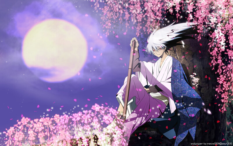 Anime Character with White Hair — Purple, Serene, Night, Cherry Blossoms