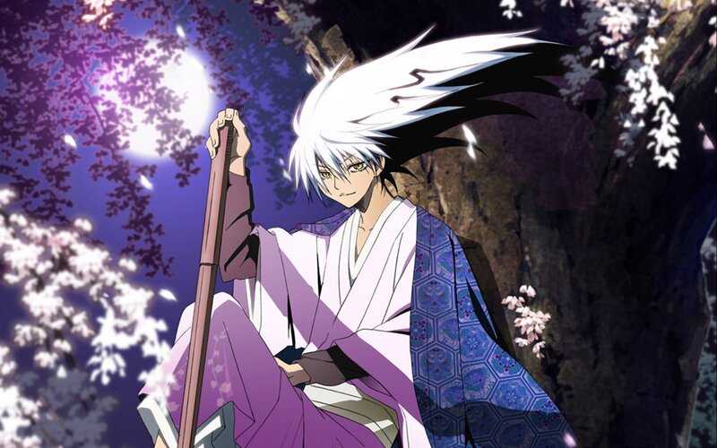 Anime Character with White Hair — Purple, Serene, Night, Sakura Blossoms, Moon