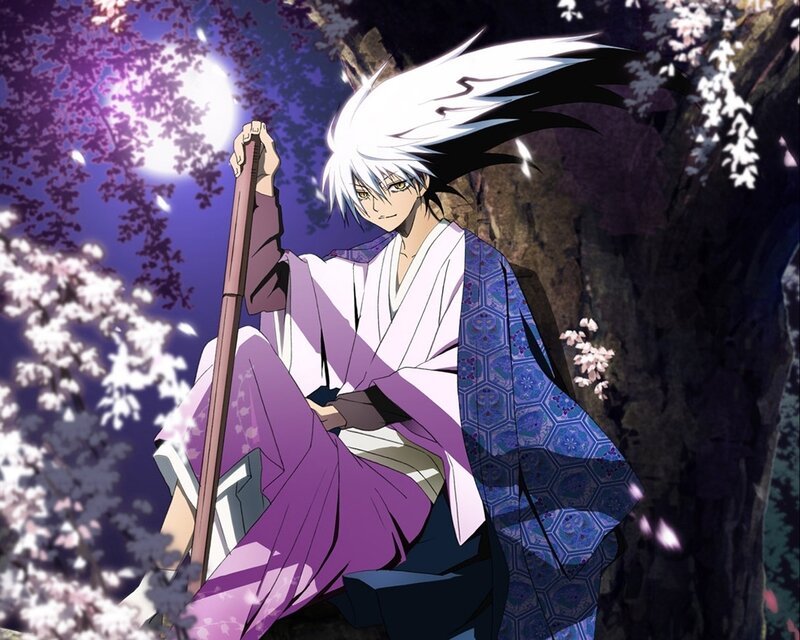 Anime Character with White Hair — Purple, Serene, Night, Sakura Blossoms