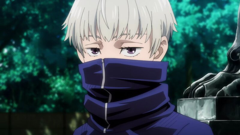 Anime Character with White Hair — Purple, Serious, Green Trees