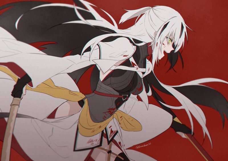 Anime Character with White Hair — Red, Dramatic, Digital Art, Sword, Blood, White Cloak