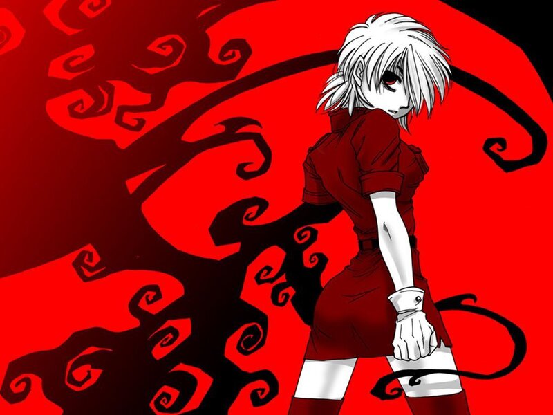 Anime Character with White Hair — Red, Dramatic, Manga, Red Background, Black Swirls