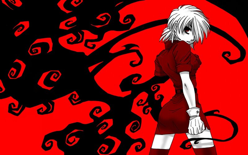Anime Character with White Hair — Red, Dramatic, Manga, Red Dress, Black Swirls