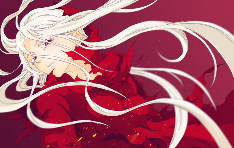 Anime Character with White Hair — Red, Dramatic, Red Cloak