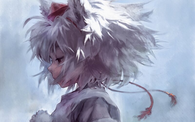 Anime Character with White Hair — Serene, Digital Art, Red Ribbon