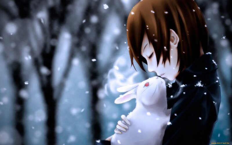 Anime character with white rabbit in snow