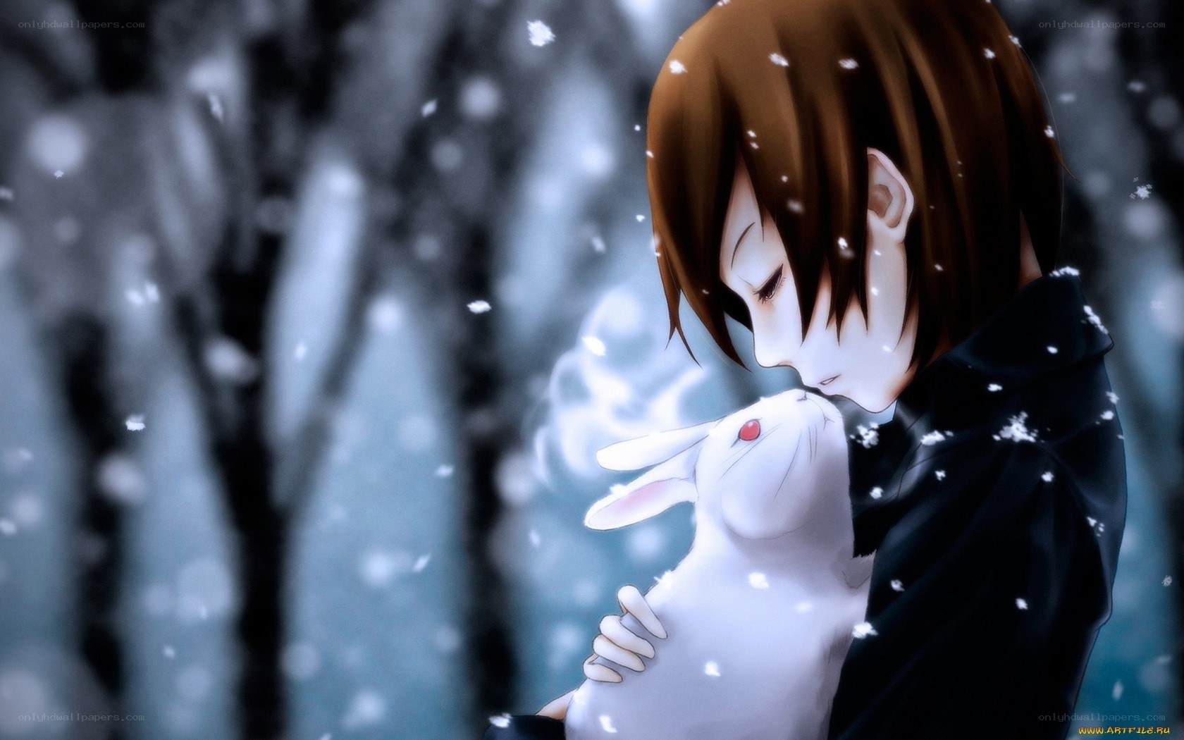 Anime character with white rabbit in snow