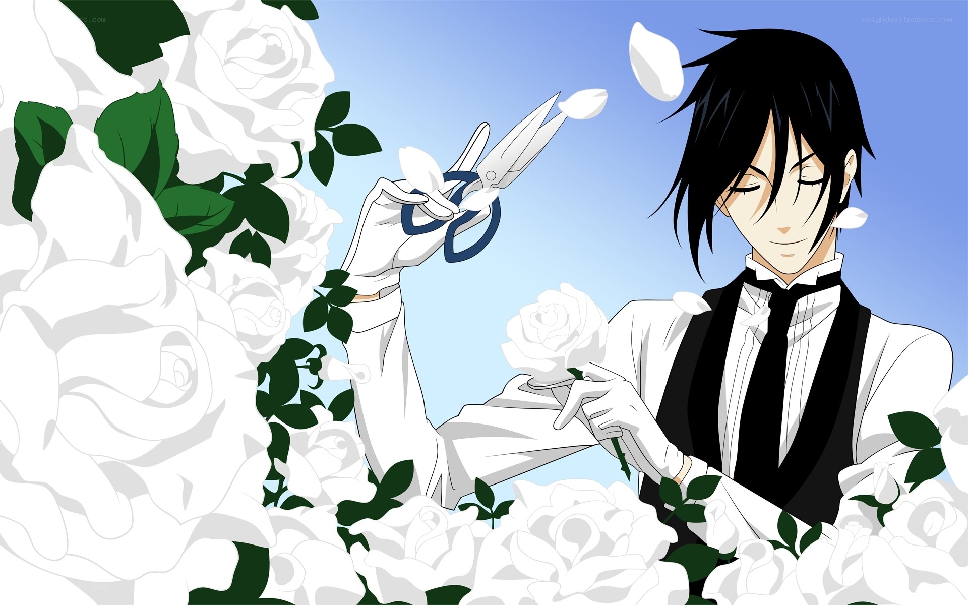 anime character with white roses