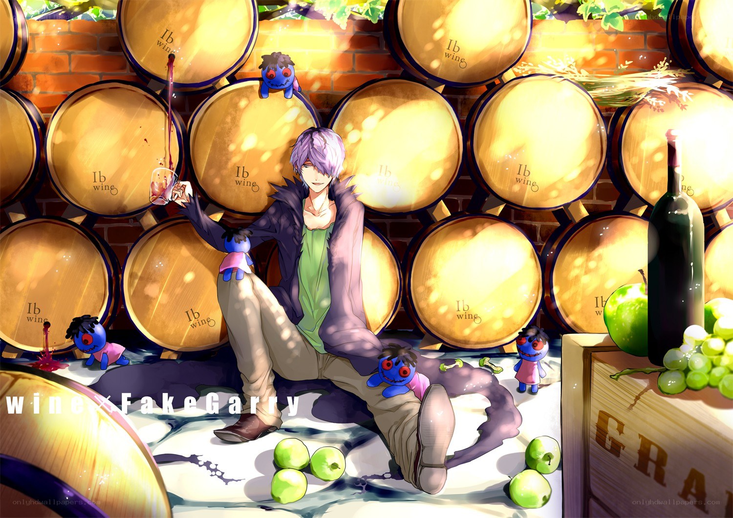 Anime character with wine barrels