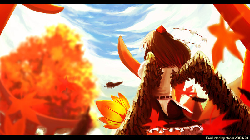 Anime character with wings and autumn leaves