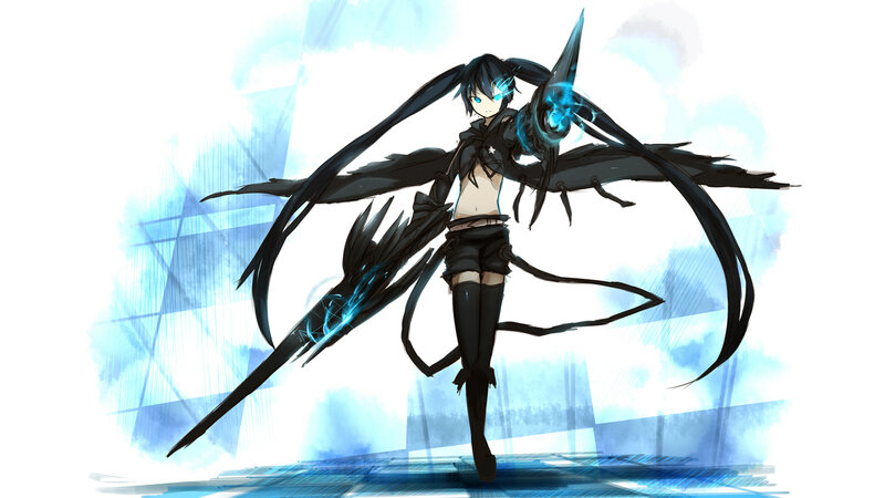 Anime Character with Wings — Black, Dramatic, Digital Art, Blue Energy, Black Outfit