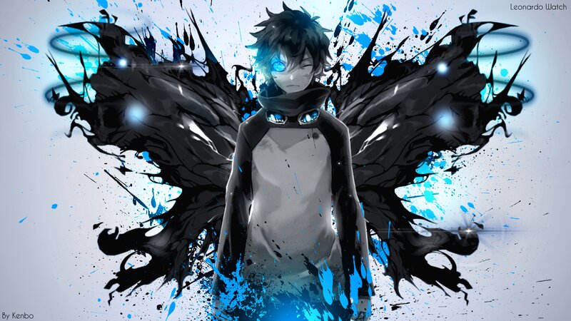 Anime Character with Wings — Black, Dramatic, Digital Art, Blue Eyes, Splatter