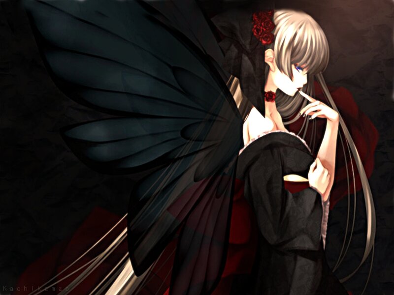 Anime Character with Wings — Black, Dramatic, Digital Art, Cigarette