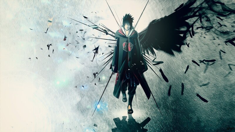 Anime Character with Wings — Black, Dramatic, Digital Art, Cloak, Shinobi, Akatsuki Symbol