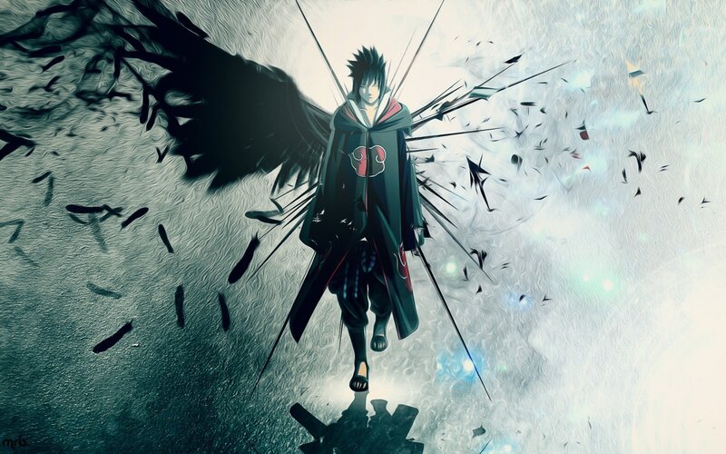 Anime Character with Wings — Black, Dramatic, Digital Art, Cloak, Shinobi, White, Blue
