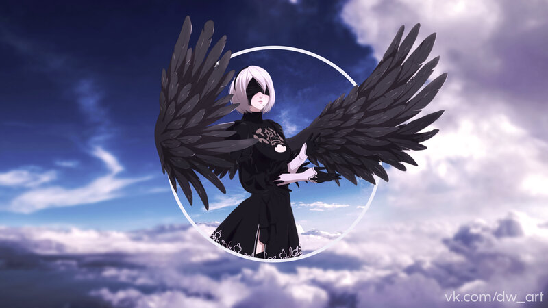 Anime Character with Wings — Black, Dramatic, Digital Art, Clouds, Circle