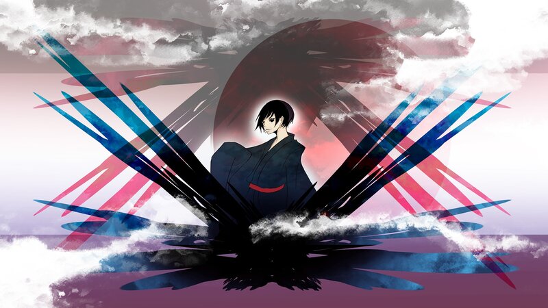 Anime Character with Wings — Black, Dramatic, Digital Art, Clouds, Kimono