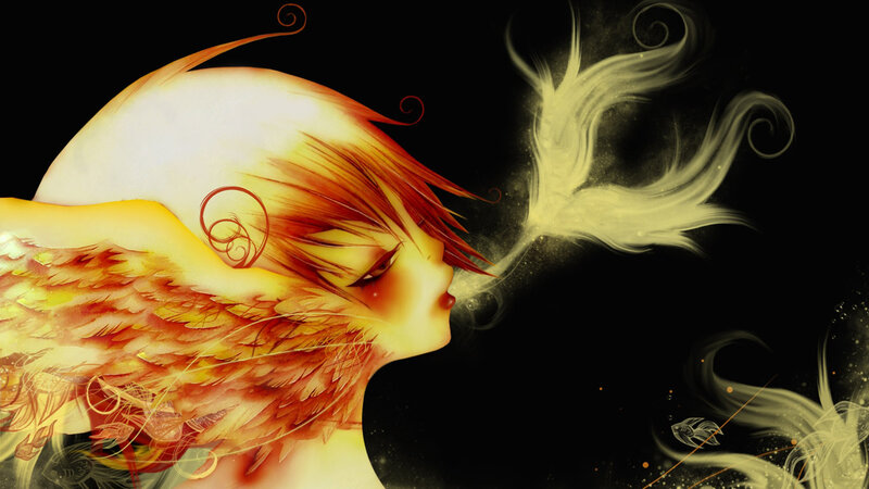 Anime Character with Wings — Black, Dramatic, Digital Art, Feathers, Smoke