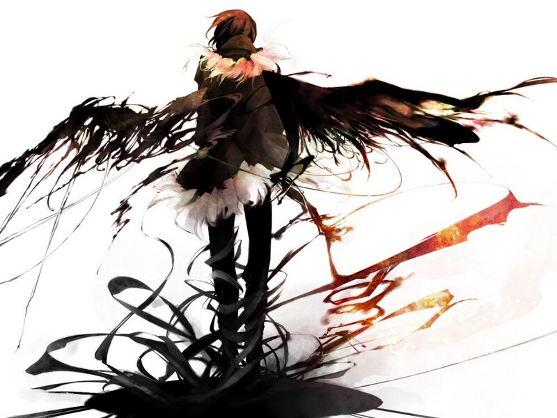 Anime Character with Wings — Black, Dramatic, Digital Art, Feathers, Sword