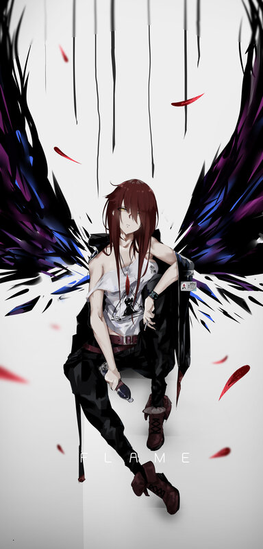 Anime Character with Wings — Black, Dramatic, Digital Art, Feathers, Weapon