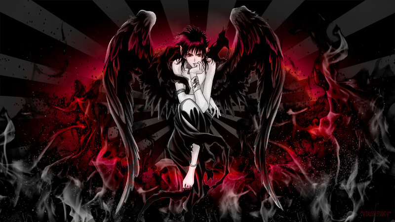 Anime Character with Wings — Black, Dramatic, Digital Art, Flames