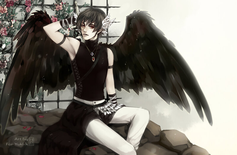 Anime Character with Wings — Black, Dramatic, Digital Art, Flowers