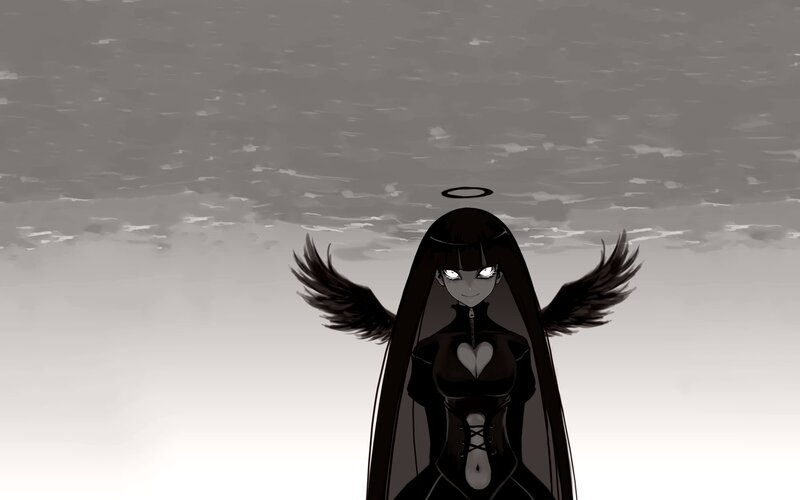 Anime Character with Wings — Black, Dramatic, Digital Art, Halo, Long Hair