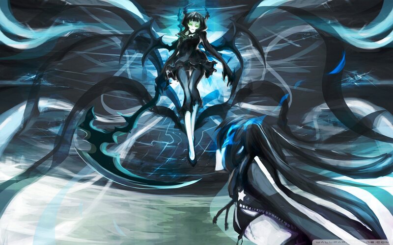 Anime Character with Wings — Black, Dramatic, Digital Art, Long Hair, Blue Energy