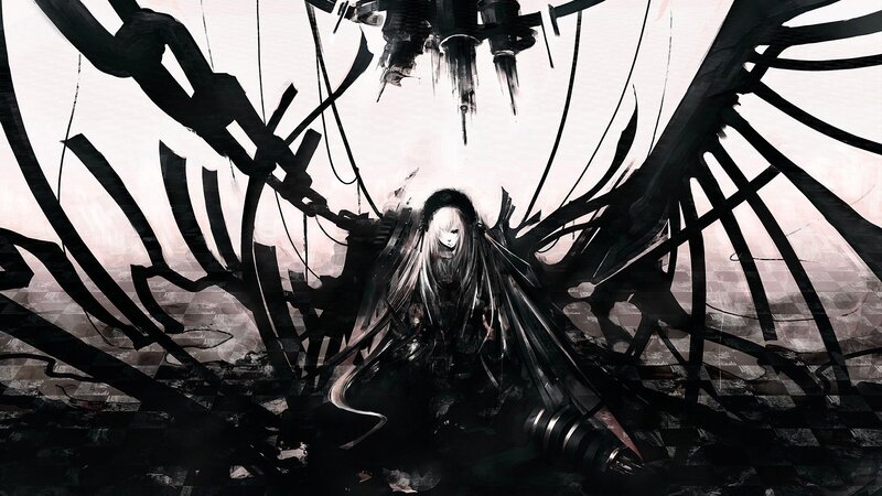 Anime Character with Wings — Black, Dramatic, Digital Art, Mechanical Parts