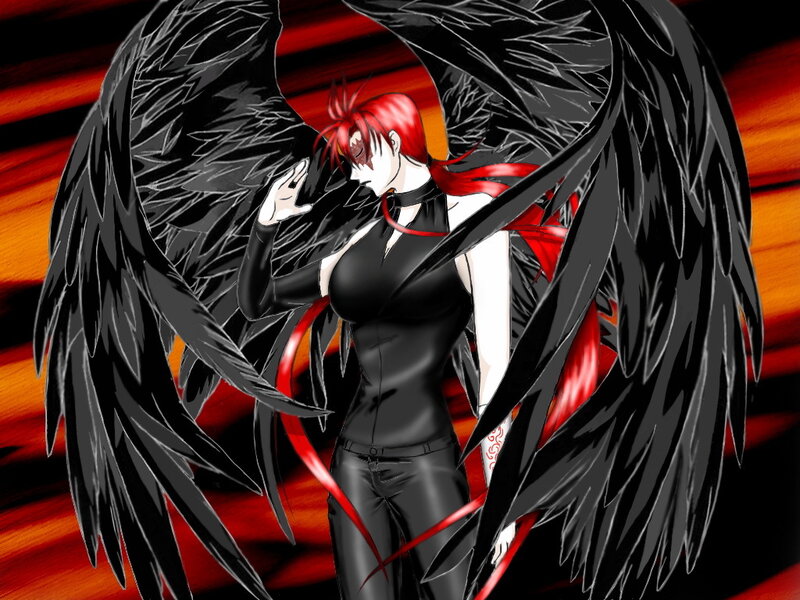 Anime Character with Wings — Black, Dramatic, Digital Art, Red Hair