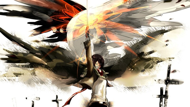 Anime Character with Wings — Black, Dramatic, Digital Art, Sword, Crosses