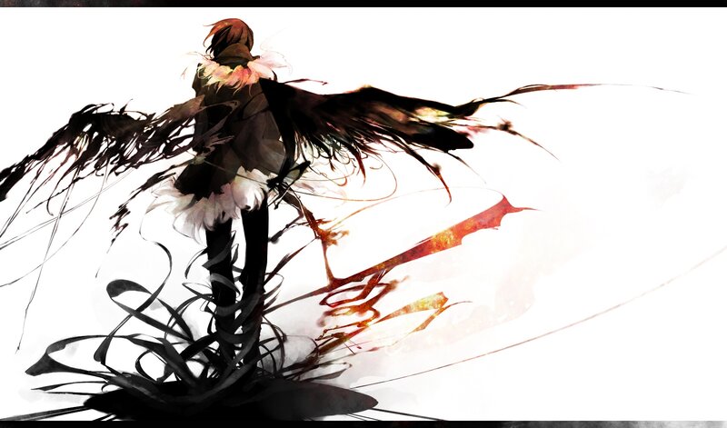 Anime Character with Wings — Black, Dramatic, Digital Art, Sword, Dark Cloak