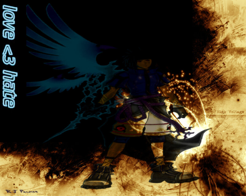 Anime Character with Wings — Black, Dramatic, Digital Art, Sword, Fire