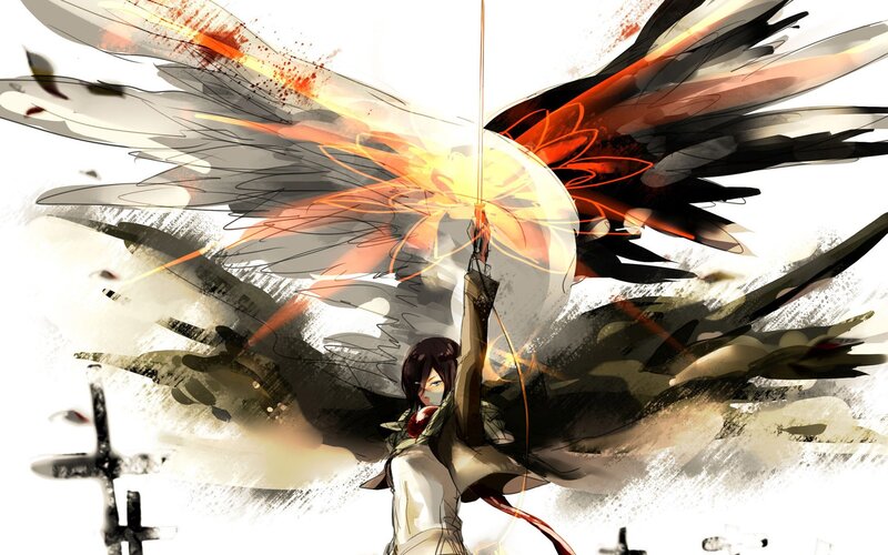 Anime Character with Wings — Black, Dramatic, Digital Art, Sword, Flames