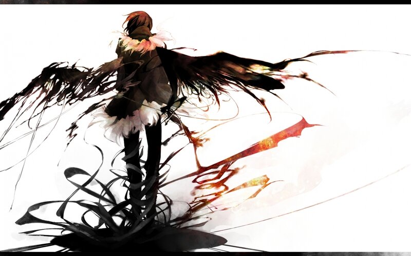 Anime Character with Wings — Black, Dramatic, Digital Art, Sword