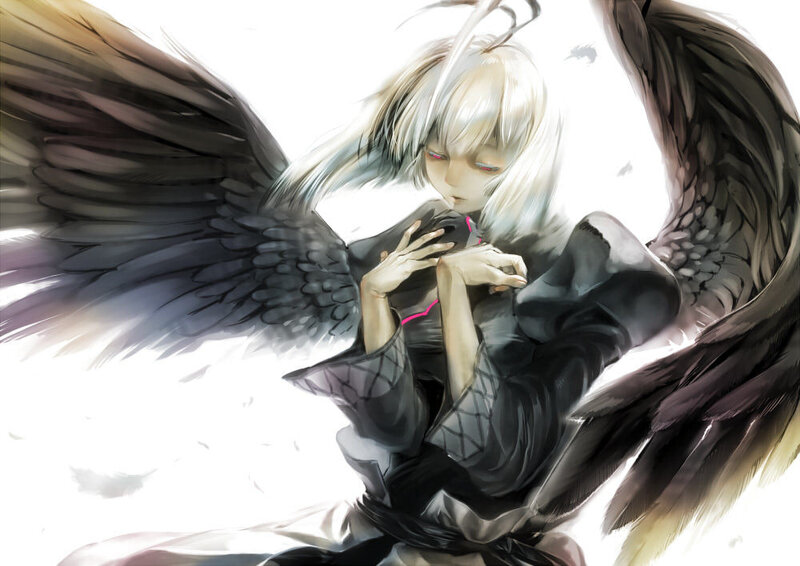 Anime Character with Wings — Black, Dramatic, Digital Art, White Hair