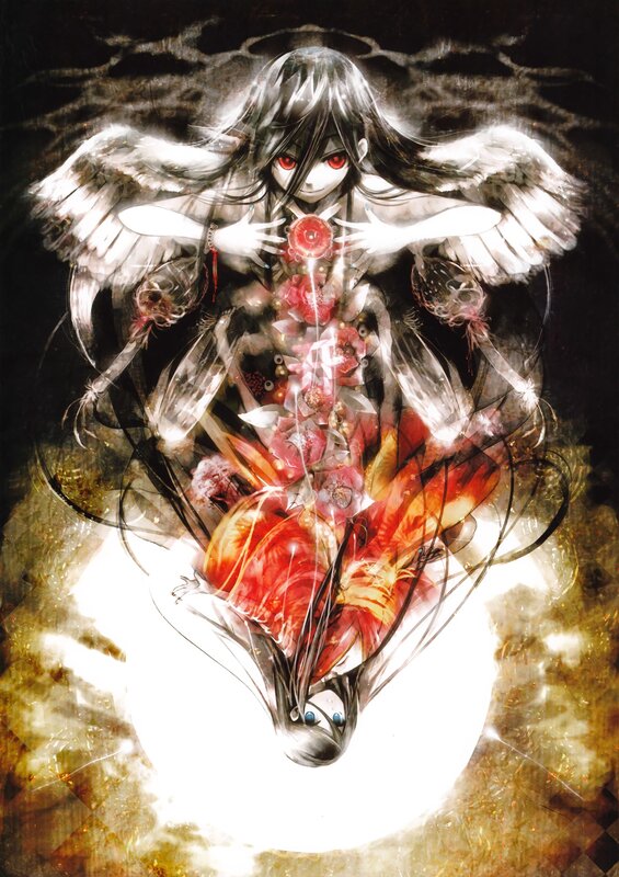 Anime Character with Wings — Black, Dramatic, Manga, Flowers