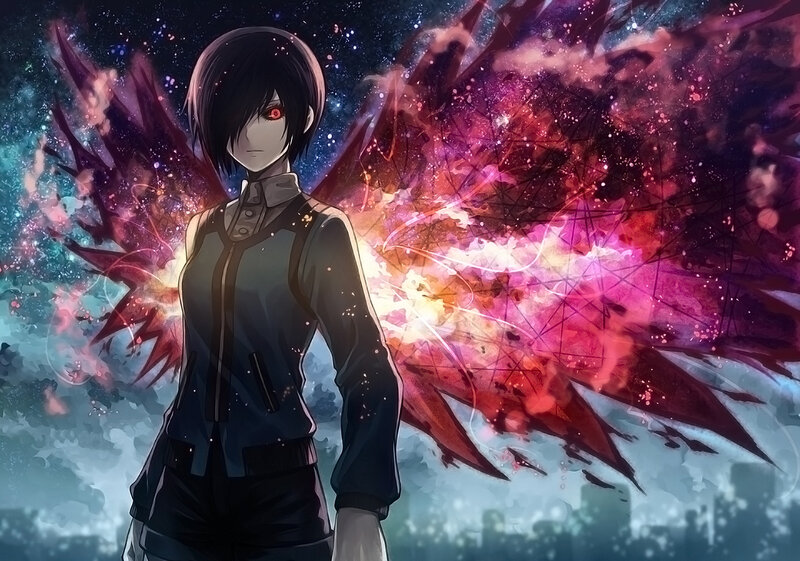 Anime Character with Wings — Black, Dramatic, Night, Digital Art, Cityscape