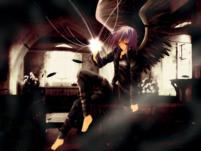 Anime Character with Wings — Black, Dramatic, Night, Digital Art, Feathers