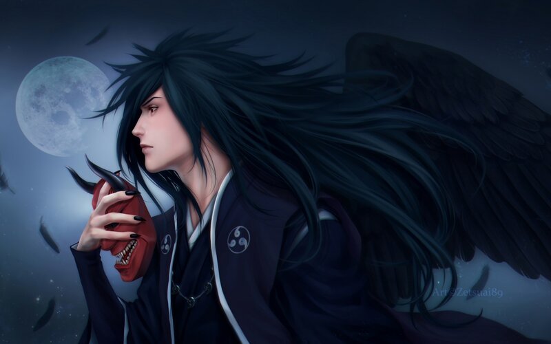 Anime Character with Wings — Black, Dramatic, Night, Digital Art, Mask