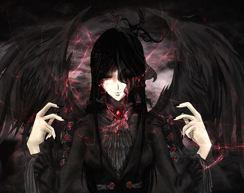 Anime Character with Wings — Black, Dramatic, Night, Digital Art, Red Eyes