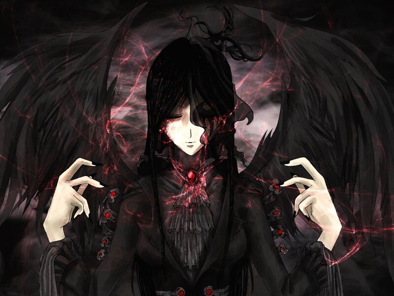 Anime Character with Wings — Black, Dramatic, Night, Digital Art, Red Gems