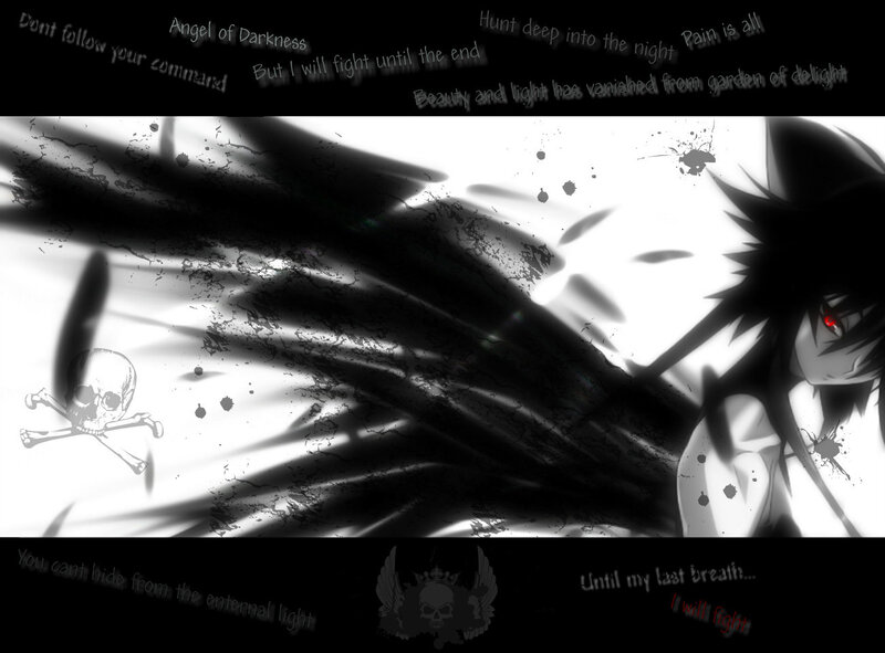 Anime Character with Wings — Black, Dramatic, Night, Digital Art, Skull and Crossbones