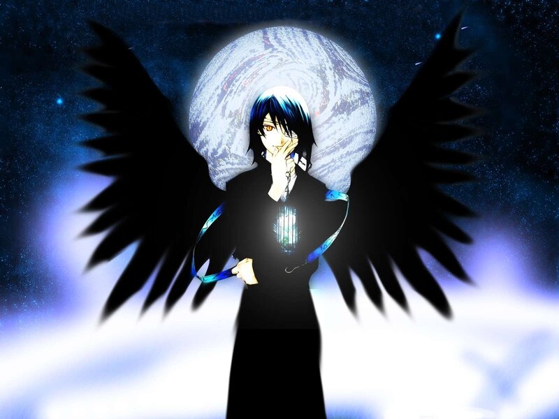 Anime Character with Wings — Black, Dramatic, Night, Moon, Lantern