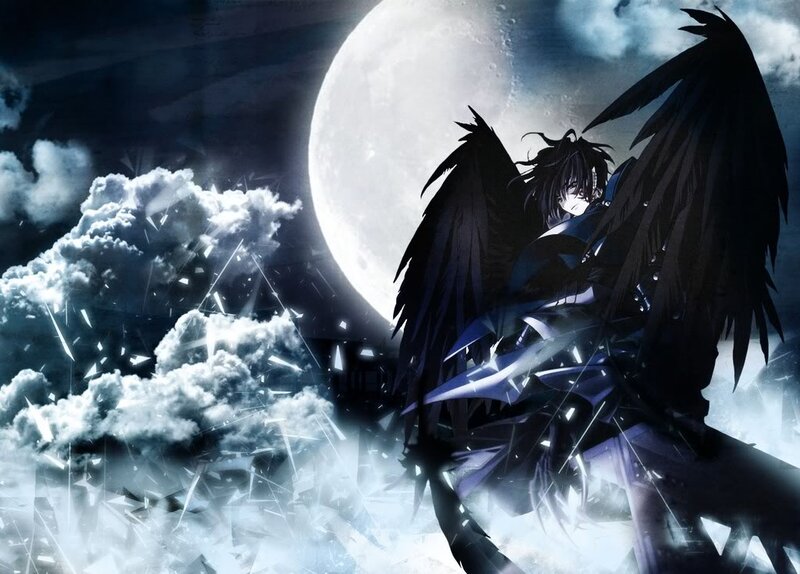 Anime Character with Wings — Black, Dramatic, Night, Moon