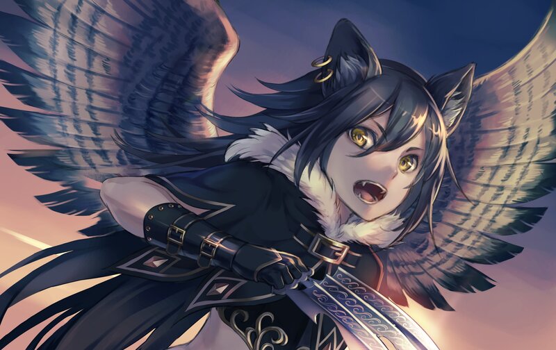 Anime Character with Wings — Black, Dramatic, Sunset